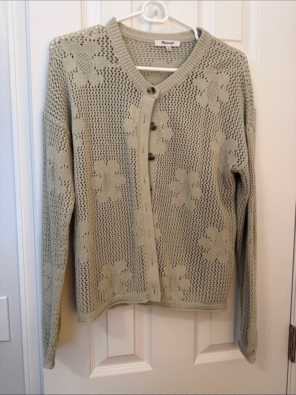 Madewell Sage/grey Open-Knit Floral Button Cardigan